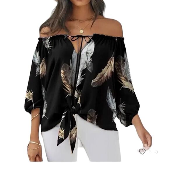 CLEARANCE ☀️ Black Off Shoulder Feather Print Tie Detail Top S - Picture 2 of 9